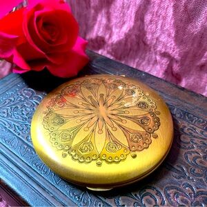 Vintage Art Deco Star Rose Mandala Gold Metal Compact